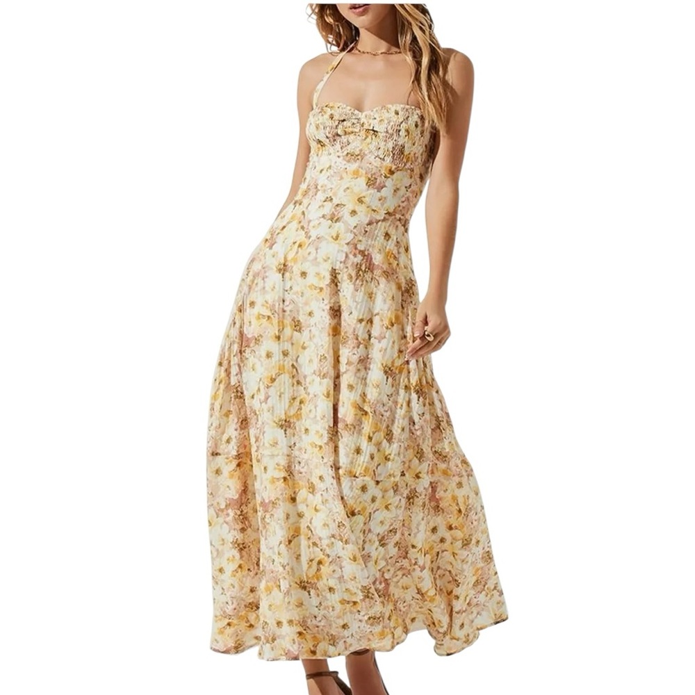 Astr Mariella Yellow Halter Midi Dress With Pockets Size Medium